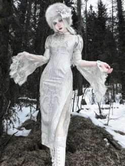 Gothic Lolita OP Dress Chinese Style Cheongsam Lace Floral Print Long Sleeve White Qi Lolita One Piece Dress