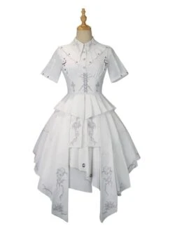 Military Style Gothic Lolita OP Dress Side Draping Short Sleeve White Lolita One Piece Dress -AYA Cosplay Shop 202202141545094827468
