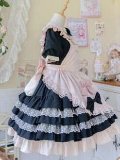 Sweet Lolita Dress Apron Bows Polka Dot Polyester Short Sleeves Black Lolita One Piece Dress -AYA Cosplay Shop 202202171037204977333
