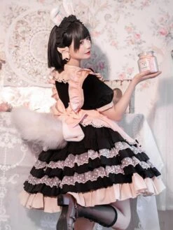 Sweet Lolita Dress Apron Bows Polka Dot Polyester Short Sleeves Black Lolita One Piece Dress -AYA Cosplay Shop 202202171037207991889