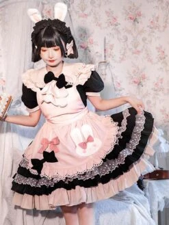 Sweet Lolita Dress Apron Bows Polka Dot Polyester Short Sleeves Black Lolita One Piece Dress -AYA Cosplay Shop 202202171037210956344