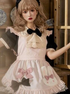 Sweet Lolita Dress Apron Bows Polka Dot Polyester Short Sleeves Black Lolita One Piece Dress -AYA Cosplay Shop 202202171037214009303