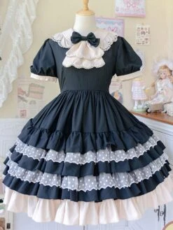 Sweet Lolita Dress Apron Bows Polka Dot Polyester Short Sleeves Black Lolita One Piece Dress -AYA Cosplay Shop 20220217103721721853