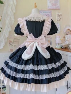 Sweet Lolita Dress Apron Bows Polka Dot Polyester Short Sleeves Black Lolita One Piece Dress -AYA Cosplay Shop 202202171037223638489
