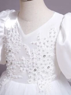 Kids Dress V-Neck Cotton Blend Applique Ankle-Length Short Sleeves Princess Silhouette Kids Party Flower Girl Dress -AYA Cosplay Shop 202202221600338021385