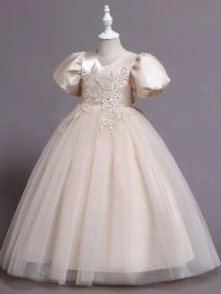 Kids Dress V-Neck Cotton Blend Applique Ankle-Length Short Sleeves Princess Silhouette Kids Party Flower Girl Dress -AYA Cosplay Shop 202202221600345286829