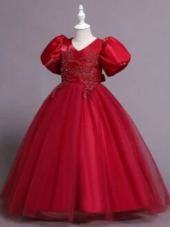 Kids Dress V-Neck Cotton Blend Applique Ankle-Length Short Sleeves Princess Silhouette Kids Party Flower Girl Dress -AYA Cosplay Shop 20220222160034820446