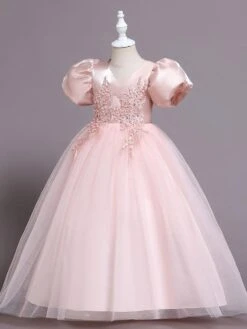 Kids Dress V-Neck Cotton Blend Applique Ankle-Length Short Sleeves Princess Silhouette Kids Party Flower Girl Dress -AYA Cosplay Shop 202202221600351146870