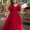 Kids Dress V-Neck Cotton Blend Applique Ankle-Length Short Sleeves Princess Silhouette Kids Party Flower Girl Dress -AYA Cosplay Shop 202202221600354227227