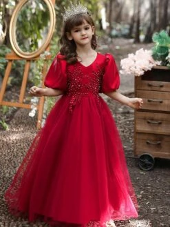 Kids Dress V-Neck Cotton Blend Applique Ankle-Length Short Sleeves Princess Silhouette Kids Party Flower Girl Dress