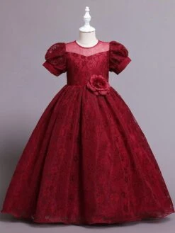 Kids Dress Jewel Neck Tulle Lace Ankle-Length Short Sleeves Princess Silhouette Kids Party Flower Girl Dress -AYA Cosplay Shop 202202221600370518910