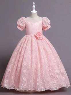 Kids Dress Jewel Neck Tulle Lace Ankle-Length Short Sleeves Princess Silhouette Kids Party Flower Girl Dress -AYA Cosplay Shop 20220222160038344726