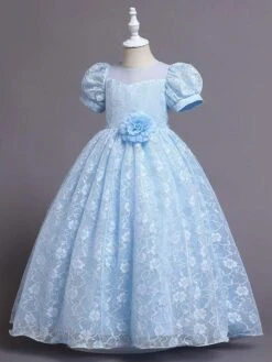 Kids Dress Jewel Neck Tulle Lace Ankle-Length Short Sleeves Princess Silhouette Kids Party Flower Girl Dress -AYA Cosplay Shop 202202221600387267761