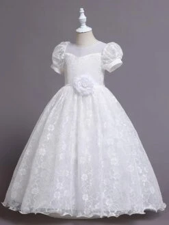 Kids Dress Jewel Neck Tulle Lace Ankle-Length Short Sleeves Princess Silhouette Kids Party Flower Girl Dress -AYA Cosplay Shop 202202221600390644822
