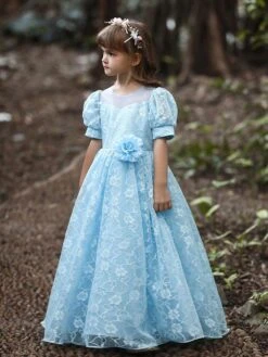 Kids Dress Jewel Neck Tulle Lace Ankle-Length Short Sleeves Princess Silhouette Kids Party Flower Girl Dress