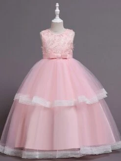 Kids Dress Jewel Neck Embroidered Short Sleeves Formal Kids Pageant Flower Girl Dress -AYA Cosplay Shop 202202221600408112331