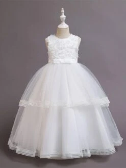 Kids Dress Jewel Neck Embroidered Short Sleeves Formal Kids Pageant Flower Girl Dress -AYA Cosplay Shop 202202221600411169614