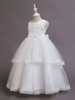 Kids Dress Jewel Neck Embroidered Short Sleeves Formal Kids Pageant Flower Girl Dress -AYA Cosplay Shop 20220222160041458417