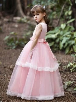 Kids Dress Jewel Neck Embroidered Short Sleeves Formal Kids Pageant Flower Girl Dress -AYA Cosplay Shop 202202221600427402813