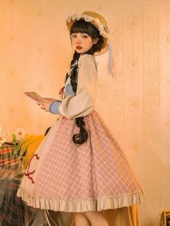 Sweet Lolita Dress Plaid Long Sleeves Country Lolita One Piece Dress -AYA Cosplay Shop 202203101635316765251