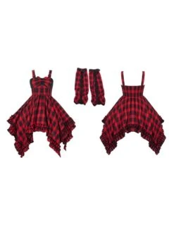 JSK Gothic Lolita Dress Ruffles Lace Up Bows Plaid Sleeveless Red Lolita Jumper Skirts -AYA Cosplay Shop 202203101636068179725