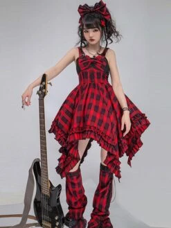 JSK Gothic Lolita Dress Ruffles Lace Up Bows Plaid Sleeveless Red Lolita Jumper Skirts -AYA Cosplay Shop 202203101636071539535
