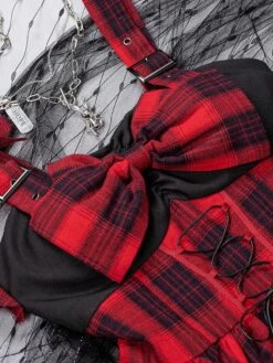 JSK Gothic Lolita Dress Ruffles Lace Up Bows Plaid Sleeveless Red Lolita Jumper Skirts -AYA Cosplay Shop 202203101636076347319