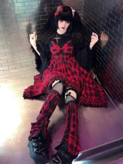 JSK Gothic Lolita Dress Ruffles Lace Up Bows Plaid Sleeveless Red Lolita Jumper Skirts -AYA Cosplay Shop 202203101636080278057
