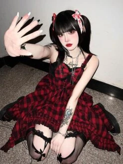 JSK Gothic Lolita Dress Ruffles Lace Up Bows Plaid Sleeveless Red Lolita Jumper Skirts -AYA Cosplay Shop 202203101636084529954