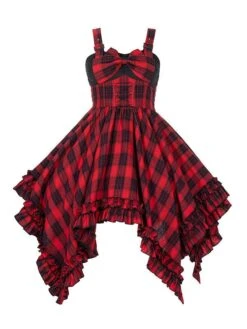 JSK Gothic Lolita Dress Ruffles Lace Up Bows Plaid Sleeveless Red Lolita Jumper Skirts -AYA Cosplay Shop 202203101636090081206