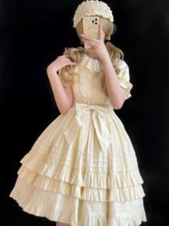 Sweet Lolita OP Dress Jacquard Bows Ruffled Short Sleeves Lolita One Piece Dresses -AYA Cosplay Shop 202203101809399719411