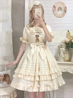 Sweet Lolita OP Dress Jacquard Bows Ruffled Short Sleeves Lolita One Piece Dresses -AYA Cosplay Shop 202203101809402897017