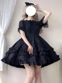Sweet Lolita OP Dress Jacquard Bows Ruffled Short Sleeves Lolita One Piece Dresses -AYA Cosplay Shop 202203101809407239703