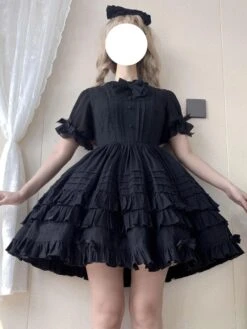 Sweet Lolita OP Dress Jacquard Bows Ruffled Short Sleeves Lolita One Piece Dresses -AYA Cosplay Shop 202203101809415746744