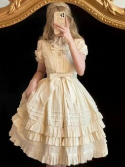 Sweet Lolita OP Dress Jacquard Bows Ruffled Short Sleeves Lolita One Piece Dresses -AYA Cosplay Shop 202203101809429271919