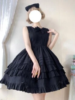 Sweet Lolita JSK Dress Jacquard Bows Ruffled Sleeveless Lolita One Piece Dresses -AYA Cosplay Shop 202203101809432353809
