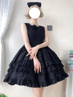 Sweet Lolita JSK Dress Jacquard Bows Ruffled Sleeveless Lolita One Piece Dresses -AYA Cosplay Shop 202203101809438849526