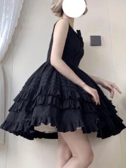 Sweet Lolita JSK Dress Jacquard Bows Ruffled Sleeveless Lolita One Piece Dresses -AYA Cosplay Shop 202203101809448215816