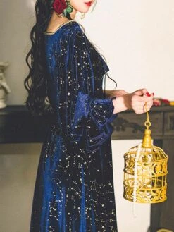 Classic Lolita Dress Stars Print Long Sleeve Deep Blue Lolita One Piece Dress -AYA Cosplay Shop 202203171625525248076