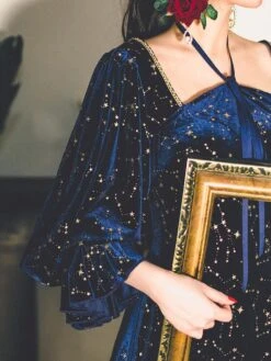Classic Lolita Dress Stars Print Long Sleeve Deep Blue Lolita One Piece Dress -AYA Cosplay Shop 202203171625538058788