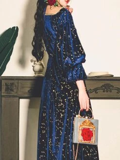 Classic Lolita Dress Stars Print Long Sleeve Deep Blue Lolita One Piece Dress -AYA Cosplay Shop 202203171625544506791