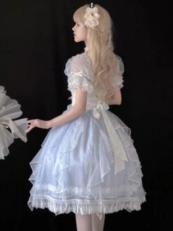 Sweet Lolita Dress Princess Bows Pearls Lace Short Sleeves Light Sky Blue Lolita Wedding Dress -AYA Cosplay Shop 202203171639063869835