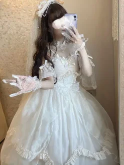 Sweet Lolita Wedding Dress Polyester Bow Tail Sleeveless White Lolita Wedding Dress -AYA Cosplay Shop 202203171639086709004