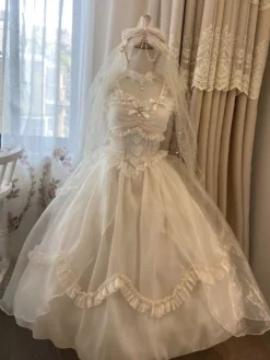 Sweet Lolita Wedding Dress Polyester Bow Tail Sleeveless White Lolita Wedding Dress -AYA Cosplay Shop 202203171639089928208