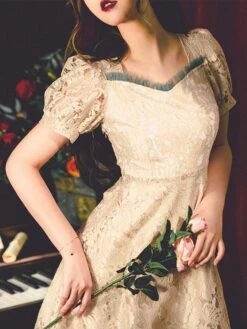 Classic Lolita Retro Dress Lace Up Bows Short Sleeve Light Apricot Lolita OP Dress -AYA Cosplay Shop 202203171639110783627