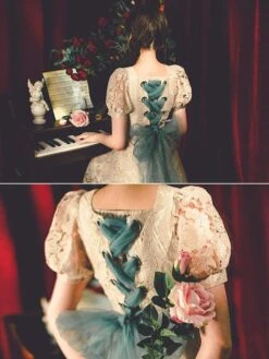 Classic Lolita Retro Dress Lace Up Bows Short Sleeve Light Apricot Lolita OP Dress -AYA Cosplay Shop 202203171639114034214