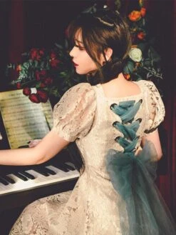 Classic Lolita Retro Dress Lace Up Bows Short Sleeve Light Apricot Lolita OP Dress -AYA Cosplay Shop 202203171639117433512