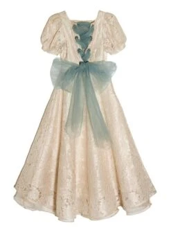 Classic Lolita Retro Dress Lace Up Bows Short Sleeve Light Apricot Lolita OP Dress -AYA Cosplay Shop 202203171639120687771