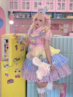 Sweet Lolita Dress Cute Rainbow Bubble Bow Plaid Three-Stage Sleeveless Lolita JSK Dress -AYA Cosplay Shop 202203231320048143757
