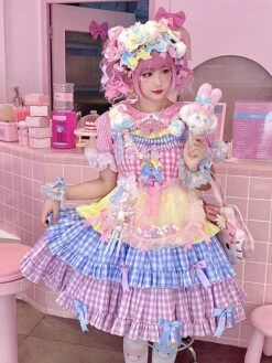 Sweet Lolita Dress Cute Rainbow Bubble Bow Plaid Three-Stage Sleeveless Lolita JSK Dress -AYA Cosplay Shop 202203231320051803116